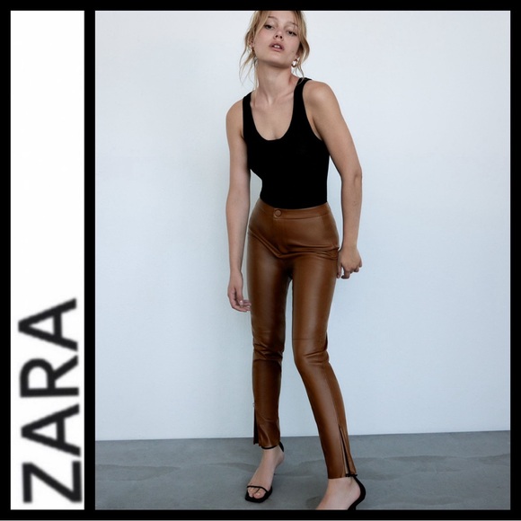 Zara High Rise Camel Faux Leather Pants - Picture 3 of 10